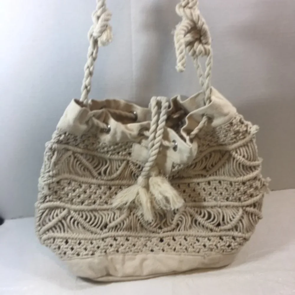 Macramé Knotting Shoulder Handbag Tote Cotton Drawstring11x5.5x11